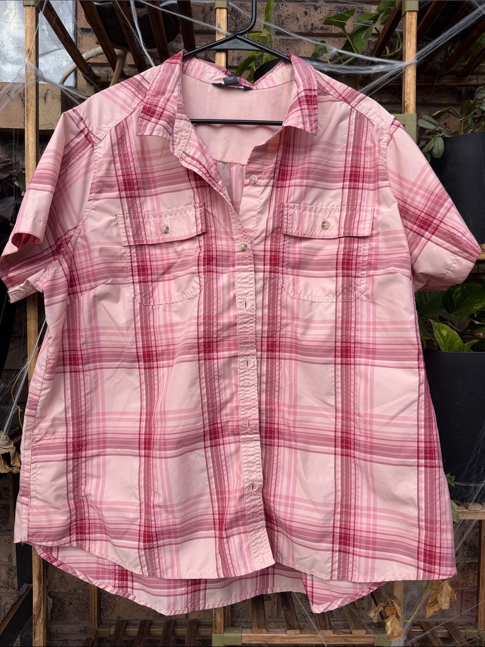 Eddie Bauer Pink Plaid Short-Sleeve Button-Down Shirt